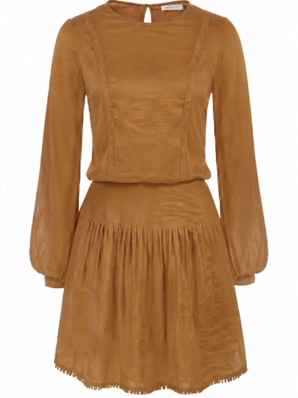 Frieeah Camel Linen Blend Long Sleeve Drop Waist Mini Dress Cottagecore Boho L - Picture 2 of 10